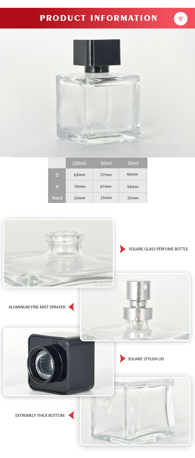 Quadratische Parfümflasche mit quadratischem schwarzem Deckel Luxus-Parfümflasche mit dickem Boden