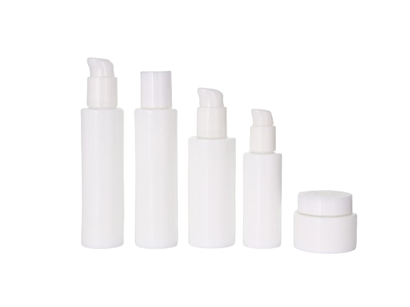 Weiße runde Lotionsflaschen mit flacher Schulter und Cremetiegel